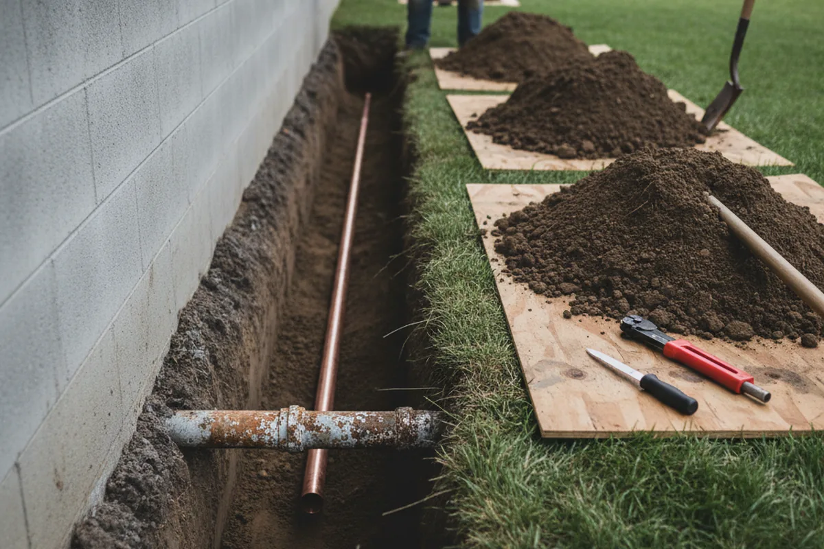Excavated water line trench during Water Softener Installation in Shelby